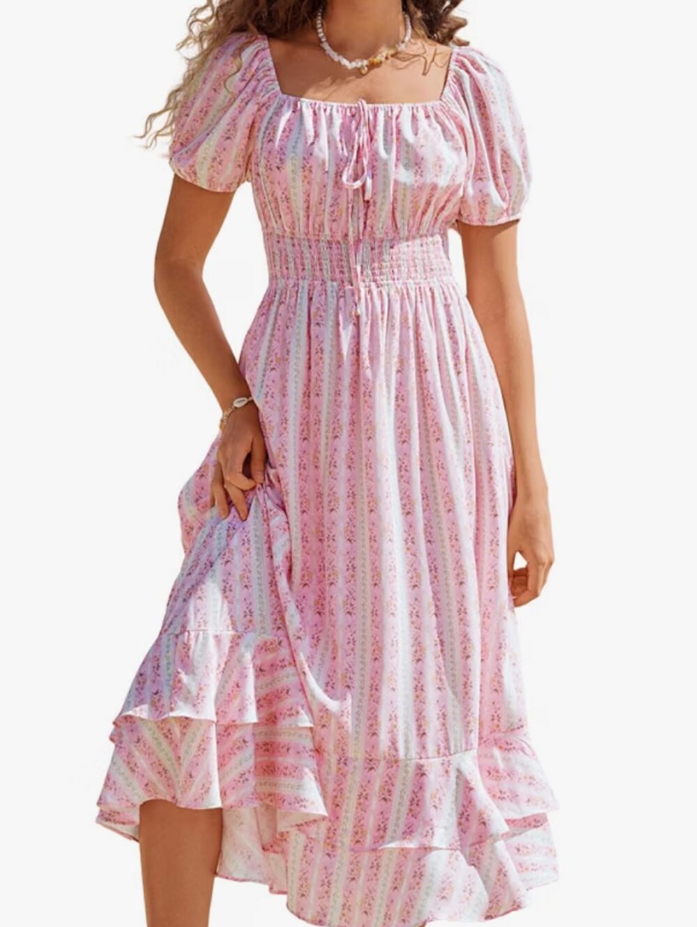 Smocked Square-Neck Midi Dress in Pink Floral